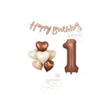 Happy Bıthday Yazılı Kahverengi Renk Rakam ve Kalpli Folyo Balon Seti Yaş 1