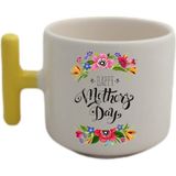 Happy Mothers Day Anneler Günü Tasarımlı Sarı T Kulp Fincan Modelleri - Beyaz - 300 cc