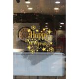 Happy New Year Vitrin Stickerı, Altın Sarısı Yılbaşı Temalı Kendinden Yapışkanlı Folyo, Kar Tanesi ve Yıldız Desenli Duvar Cam Süsü, 57x60 cm