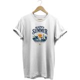 Happy Summer Unisex Deniz Dalga Baskılı Yaz Temalı Regular Kalıp Bisiklet Yaka T-Shirt - Beyaz