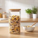 Happy Trend 1400ML Sızdırmaz Vakumlu Bambu Kapaklı Borosilikat Cam Kavanoz – Hava Geçirmez & Dayanıklı Gıda Saklama Kabı (10CM x 21CM) - Şeffaf