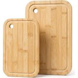 Happy Trend 2'li Kesim Panosu Seti, 16X26 cm ve 20X30 cm Doğal Bambu Kesim Tahtası, Oluklu Kenarlı Askı Delikli Mutfak Doğrama Sunum Peynir Ekmek Sebze Meyve Kesme Panosu