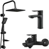 Happy Trend 3'lü Modern Banyo Seti, Robot Duş Başlığı, Lavabo ve Banyo Bataryası, Siyah Krom (Siyah Nero Fleko 3 Lü Set)