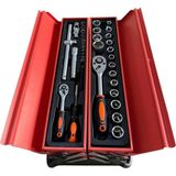 Happy Trend 81 Parça Profesyonel Katlanabilir Metal Sandık Alet Takımı – 5 Gözlü Çanta, 1/2" & 1/4" Cırcır Lokma Seti, Kombine Anahtarlar, Pense Seti, Usta ve Ev Kullanımı Için Tamir Çantası - Standart