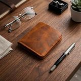 Happy Trend Elegand El Yapımı Hakiki Gerçek Deri Minimal Erkek Kadın Cüzdan (Taba-Efektli)