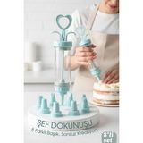 Happy Trend Profesyonel 8 Başlıklı Pasta Krema Süsleme Pompası Seti, Enjektör Uçlu, Şeffaf Gövde, 18-20 cm Yükseklik, 5 cm Çap, Bpa Içermeyen