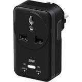 Happy Trend Şarj Özellikli, Akım Korumalı 20W Pd Hızlı Şarjlı Universal Priz Dönüştürücü, 2500W Akım Korumalı, Usb-C ve Usb-A Çıkışlı, Tüm Ülke Fişleri Uyumlu (Siyah)