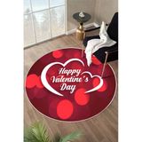 Happy Valentine's Day Kalpli Özel Tasarım Yuvarlak Dijital Baskı Halı 180 X 180 Cm Kırmızı