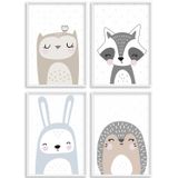 HappyArts Çocuk Odası Resimleri A4 Poster 4'lü Set Dekoratif Kız Çocuk Bebek Odası İskandinav Hayvanları Orman Hayvanları Orman Arkadaşlar Baykuş Tavşan Kirpi Rakun Çerçevesiz