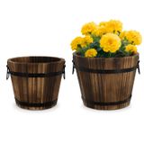 HappyDecor Küçük Ahşap Kova Fıçı Saksıları – 15,7 cm + 13,7 cm Rustik Çiçek Saksıları Saksıları Kutuları Drenaj Delikli Konteyner İç Mekan Ev Dekoru için Küçük Bitkiler, Kahverengi 2'li Set