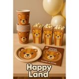 Happyland Ayıcıklı Retro ( Kahve ) Konsept Doğum Günü Baby shower Tabak Bardak Mısır Kutusu Seti