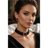 Happyline Baget Bordo Taşlı Siyah İncili Choker Kolye, Gold Kaplama Siyah Cam İncili Kolye ,Taşlı Tasma Kolye, Kolye Küpe Takımi ,Tasarım Set Kolye, Abiye Takı,