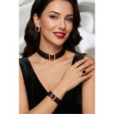 Happyline Baget Bordo Taşlı Siyah İncili Choker Set Takım, Siyah Cam İncili Kolye ,Siyah Taşlı Tasma Kolye Takım, Gold Kaplama Tasarım Set Küpe, Kolye, Yüzük, Bileklik , Abiye Takı,