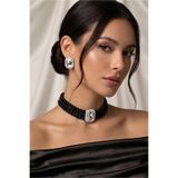 Happyline Baget Gümüş Taşlı Siyah İncili Choker Kolye, Siyah Cam İncili Kolye , İnci Tasma Kolye, Kolye Küpe Takım Gümüş Kaplama Tasarım Set Kolye, Abiye Takı,