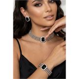Happyline Baget Siyah Taşlı Gri Boncuklu Choker Set Takım, Gri Boncuk Kolye , Tasma Kolye ,Küpe , Bileklik , Gümüş Kaplama Tasarım Set Kolye, Abiye Takı,