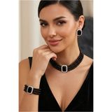 Happyline Baget Siyah Taşlı Siyah İncili Choker Set Takım, Siyah Cam İncili Kolye , İnci Tasma Kolye ,Küpe , Bileklik , Gümüş Kaplama Tasarım Set Kolye, Abiye Takı,