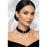Happyline Baget Taşlı Siyah İncili Choker Kolye, Siyah Cam İncili Kolye , İnci Tasma Kolye, Kolye Küpe Takım Gümüş Kaplama Tasarım Set Kolye, Abiye Takı,