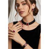 Happyline Baget Taşlı Siyah İncili Choker Set Takım, Siyah Cam İncili Kolye Bordo Taşlı Tasma Kolye Takım, Gümüş Kaplama Tasarım Set Küpe, Kolye, Yüzük, Bileklik , Abiye Takı,