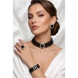 Happyline Baget Taşlı Siyah İncili Choker Set Takım, Siyah Cam İncili Kolye ,Siyah Taşlı Tasma Kolye Takım, Gümüş Kaplama Tasarım Set Küpe, Kolye, Yüzük, Bileklik , Abiye Takı,