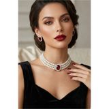 Happyline Bordo Kolye Oval Taşlı Choker Kolye Küpe Takım Tasma Kolye Cam İncili Gümüş Kaplama Renkli Choker Kolye