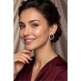 Happyline Bordo Taşlı Küpe Choker Tasma Gümüş Kaplama Kına Oval Küpe Abiye Küpe 2,5 cm