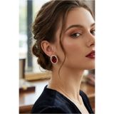 Happyline Bordo Taşlı Oval Küpe Choker Tasma Gold Kaplama Kına Küpe Abiye Küpe 2,5 cm