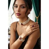 Happyline Cam İncili bordo oval taşlı gold kaplama inci choker kolye tasarım şık kolye set küpe bileklik yüzük takım