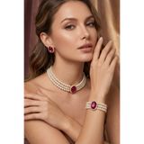 Happyline Cam İncili fuşya oval taşlı gold kaplama inci choker kolye tasarım şık kolye set küpe bileklik takım