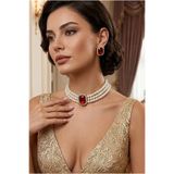 Happyline Cam İncili Gold Kaplama Baget Bordo Taşlı Tasma Choker Kolye Özel Tasarım Kolye Şık Kolye Set Küpe Takım