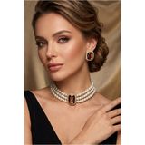 Happyline Cam İncili Gold Kaplama Baget Kahve Taşlı Tasma Choker Kolye Özel Tasarım Kolye Şık Kolye Set Küpe Takım