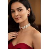 Happyline Cam İncili Gold Kaplama Kırmızı Baget Taşlı Tasma Choker Kolye Özel Tasarım Kolye Kolye Set Küpe Takım 2,5 cm