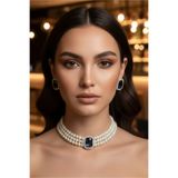 Happyline Cam İncili Gold Kaplama Lacivert Baget Taşlı Tasma Choker Kolye Özel Tasarım Kolye Set Küpe Takım