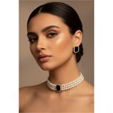 Happyline Cam İncili Gold Kaplama Siyah Baget Taşlı Tasma Choker Kolye Özel Tasarım Kolye Şık Kolye Set Küpe Takım