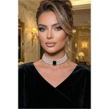 Happyline Cam İncili Gold Kaplama Tasma Siyah Taşlı Choker Baget Kolye Özel Tasarım Kolye Renkli Choker Kolye