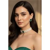 Happyline Cam İncili Gold Kaplama Yeşil Taşlı Tasma Choker Kolye Özel Tasarım Baget Kolye Şık Kolye Set Küpe Takım