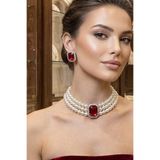 Happyline Cam İncili Gümüş Kaplama Tasma Bordo Taşlı Choker Baget Kolye Özel Tasarım Kolye Set Küpe Takım 2,5 cm