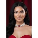 Happyline Cam İncili Gümüş Kaplama Tasma Kırmızı Taşlı Baget Choker Kolye Özel Tasarım Kolye Şık Kolye Set Küpe Takım