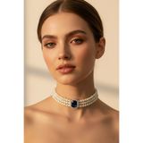 Happyline Cam İncili Gümüş Kaplama Tasma Lacivert Taşlı Choker Baget Kolye Özel Tasarım Kolye Renkli Choker Kolye