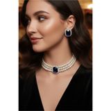 Happyline Cam İncili Gümüş Kaplama Tasma Lacivert Taşlı Choker Baget Kolye Özel Tasarım Kolye Şık Kolye Set Küpe Takım