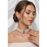 Happyline Cam İncili Gümüş Kaplama Tasma Lila Taşlı Choker Kolye Özel Tasarım Kolye Baget Kolye Set Küpe Takım