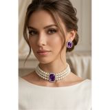 Happyline Cam İncili Gümüş Kaplama Tasma Mor Taşlı Choker Baget Kolye Özel Tasarım Kolye Set Küpe Takım 2,5 cm