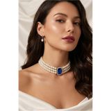 Happyline Cam İncili Gümüş Kaplama Tasma Saks Mavi Baget Taşlı Choker Kolye Özel Tasarım Kolye Renkli Choker Kolye