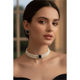 Happyline Cam İncili Gümüş Kaplama Tasma Siyah Taşlı Choker Baget Kolye Özel Tasarım Kolye Set Küpe Takım 2,5 cm