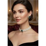 Happyline Cam İncili Gümüş Kaplama Tasma Yeşil Taşlı Choker Baget Kolye Özel Tasarım Kolye Şık Kolye Set Küpe Takım
