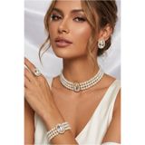 Happyline Cam İncili gümüş taşlı gold kaplama inci choker kolye tasarım şık kolye set küpe bileklik yüzük takım