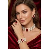 Happyline Cam İncili kırmızı oval taşlı gold kaplama inci choker kolye tasarım şık kolye set küpe bileklik yüzük takım
