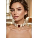 Happyline Cam İncili Oval Gold Kaplama Kolye Tasma Bordo Taşlı Choker Kolye Özel Tasarım Kolye Renkli Choker Kolye