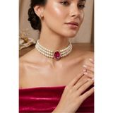 Happyline Cam İncili Oval Gold Kaplama Kolye Tasma Fuşya Taşlı Choker Kolye Özel Tasarım Kolye Renkli Choker Kolye