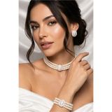 Happyline Cam İncili oval taşlı gümüş kaplama inci tasma choker kolye tasarım kolye şık kolyeset küpe bileklik takım