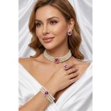 Happyline Cam İncili pembe oval taşlı gold kaplama inci choker kolye tasarım şık kolye set küpe bileklik yüzük takım